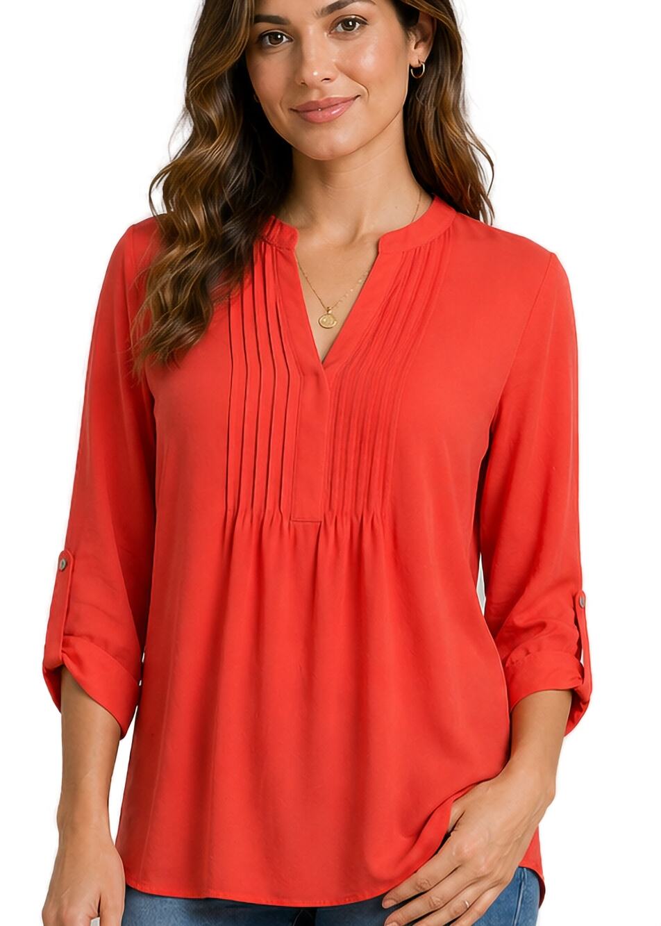Susan Graver Tunic Top Size 4 Coral Pintuck Popover 3/4 Sleeve NWT Boho